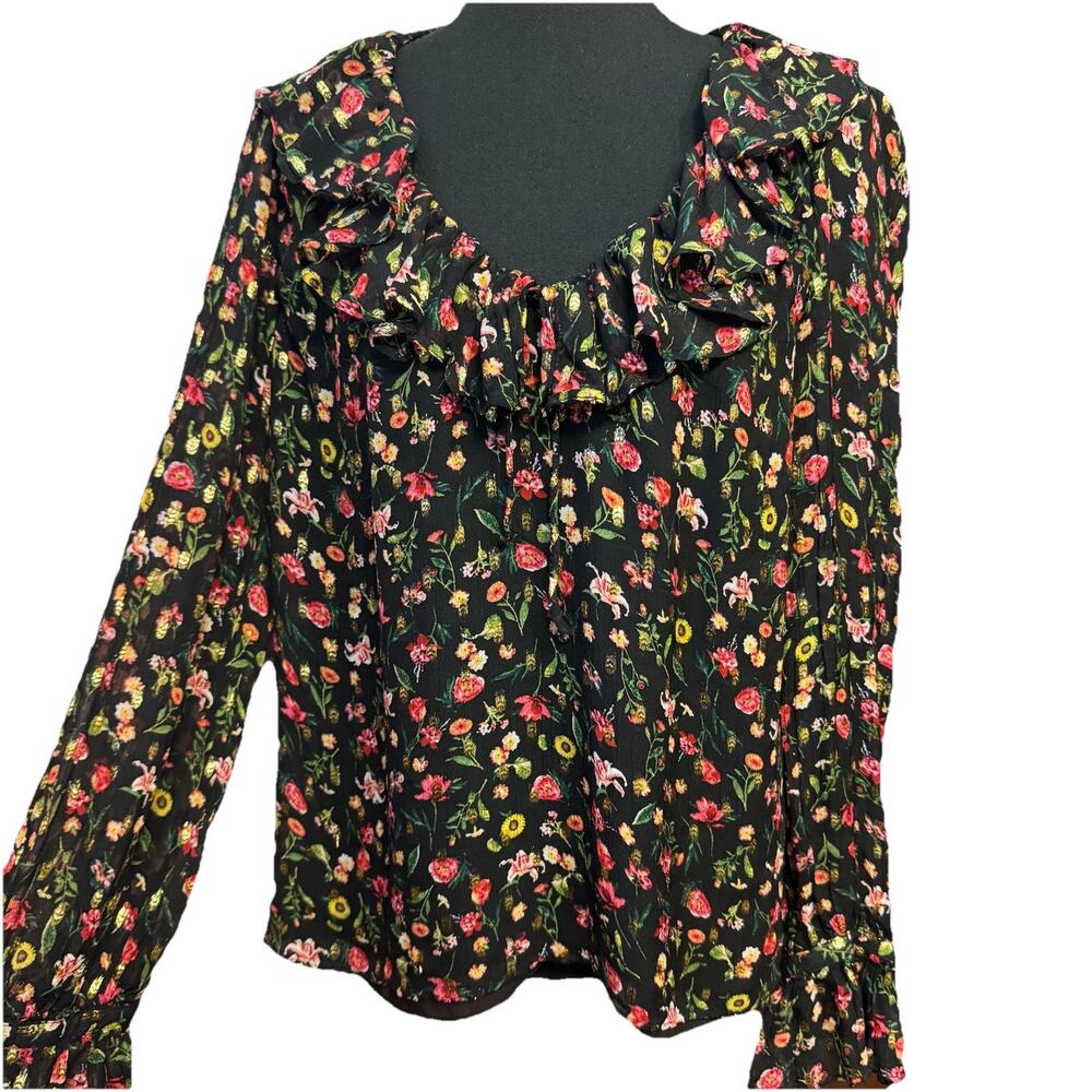 Black Floral Ruffle-Neck Women's Blouse
